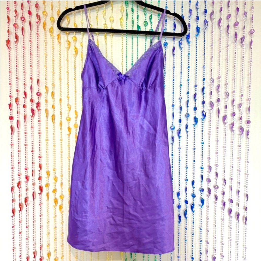 Y2K Purple Lace Bow Slip Dress Vintage Babydoll Lingerie Dress